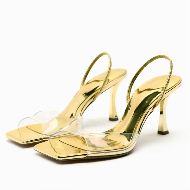 

TRAF Womens High Heel Sandals Summer Gold Heeled Slingback Sandals Fashion Transparent Squared Toe Heels Female Elegant Sandal