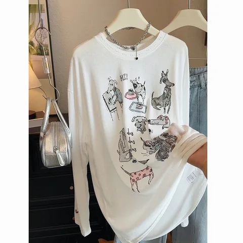 Женские летние тонкие футболки с длинным рукавом и мультяшным принтом, милые футболки с круглым вырезом, летние топы для женской одежды, прозрачная одежда
