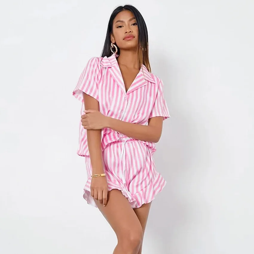 Women's Pajamas Pink Stripe Designer Pyjamas Pijamas Set Two Pieces Summer Spring Sleepwear Set Night Wear