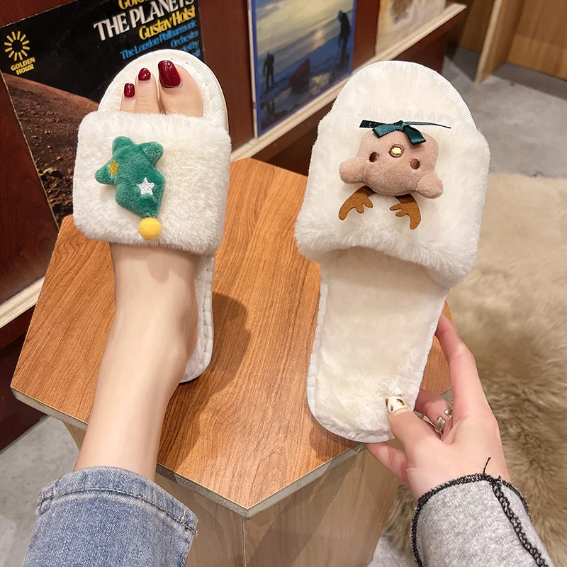 

PmwrunNew Female Cute Cartoon Christmas Elk Winter Ins Fashion Home Soft Bottom Non-slip Plush Fleece Outer Wear Cotton Slippers