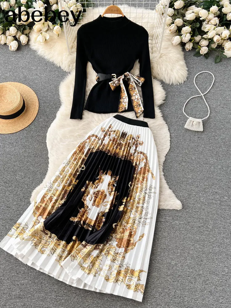 

2022 Women Retro Sweater Suits 2022 Fashion Black Sheath Knitted Sweater Top+Elastic Loose Long Skirt Two Pieces Sets