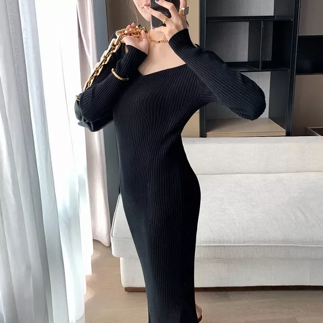 

Autumn Winter Dress 2021 Elegant Vintage Thick Beige Slim Warm Women Knitted Dress Square Collar Knit Chic Bodycon Sweater Dress