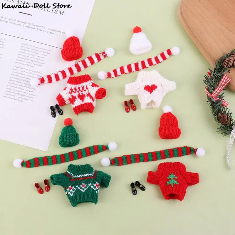 

1Set Dollhouse Mini Knitted Sweater Hat Scarf Shoes Christmas Gift For About 25cm Doll Clothes Toy