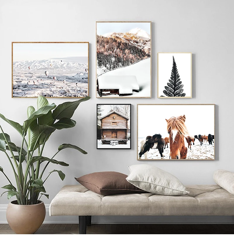 

Snow Lake House Pine eagle Horse Wall Art Canvas Painting Winter Nordic Posters And Prints Wall Pictures For Living Room Decor