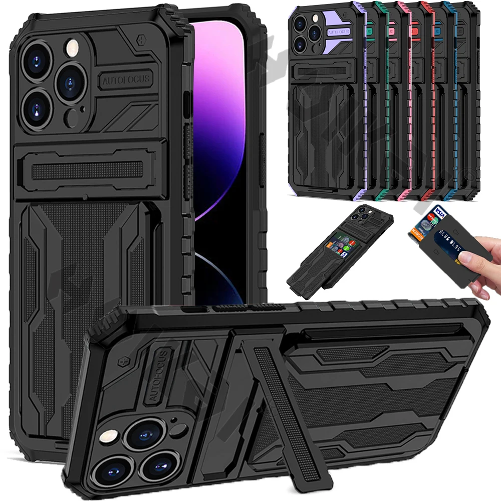 

ShockProof Armor Case For iPhone 14 Pro Max Plus 13 12 11 Pro Max XS Max XR 8 7 Plus Anti Shock KickStand Bracket Card Slot Case