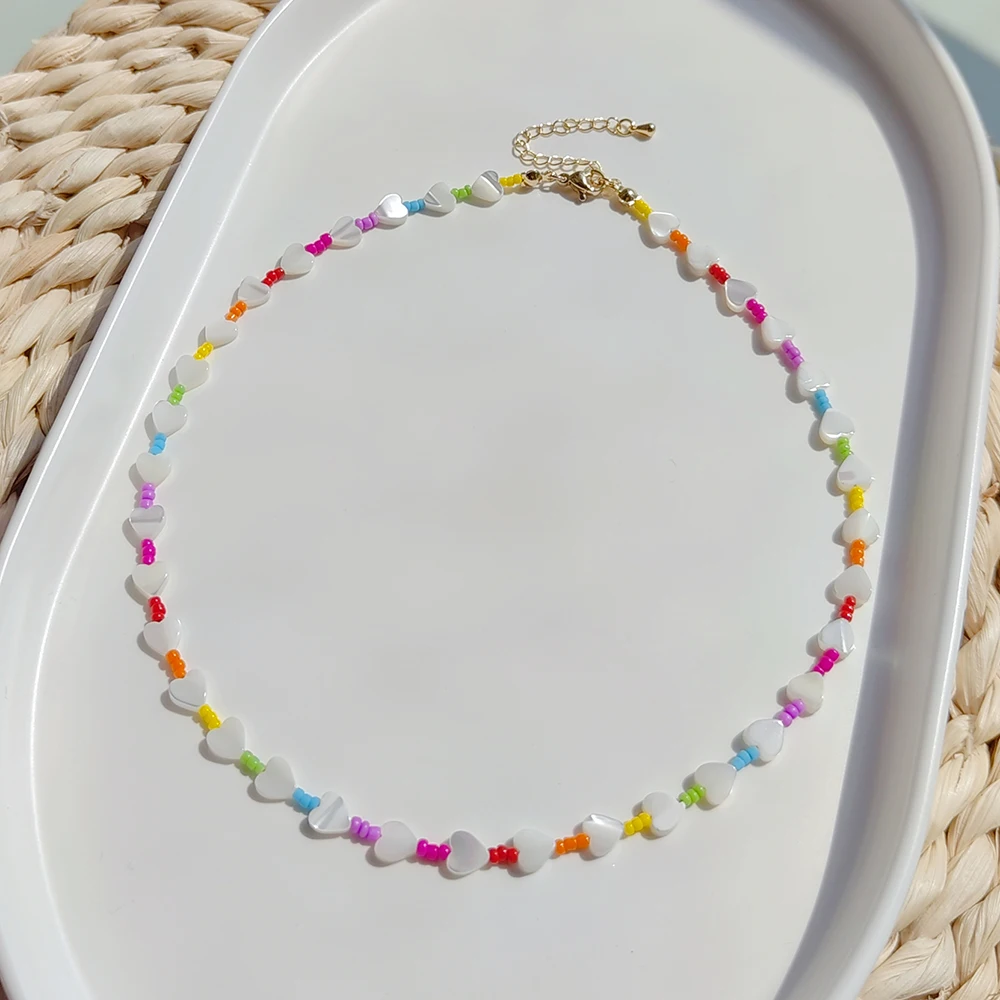 

Mother of Pearl Natural Shell Heart Choker Necklace for Women Gifts Boho Summer Colorful Rainbow Beads Necklaces Y2K Accessories