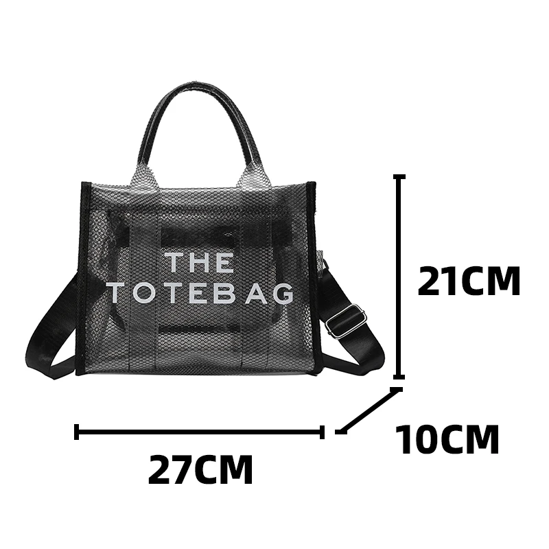 2023 Female Mesh Tote Bag Black Transparent Waterproof Summer Beach Women's Handbag Letter Print Ladies PVC Jelly Shoulder Bags