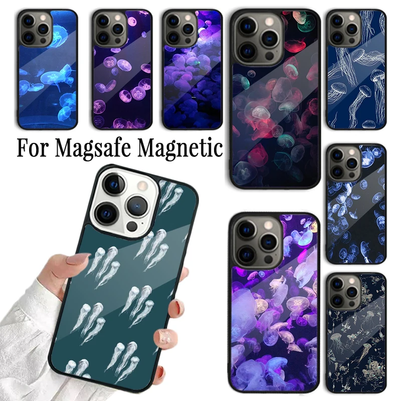 Фото Чехол для телефона с принтом медуз, темно-синий, для iPhone 17 AIR 16 15 14 13 12 11 Pro Max Plus, беспроводной магнитный чехол Magsafe №1