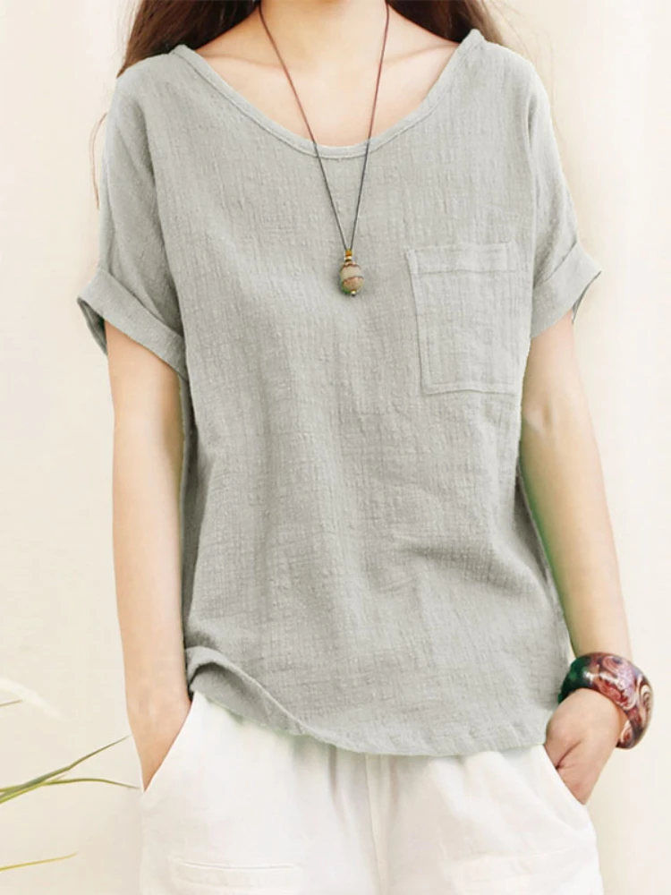 

Green Loose Cotton Linen Blouse Plus Size 5XL Blouses Women 2022 Summer Shirts Casual Short Sleeve O Neck Solid Shirt Lady Tops