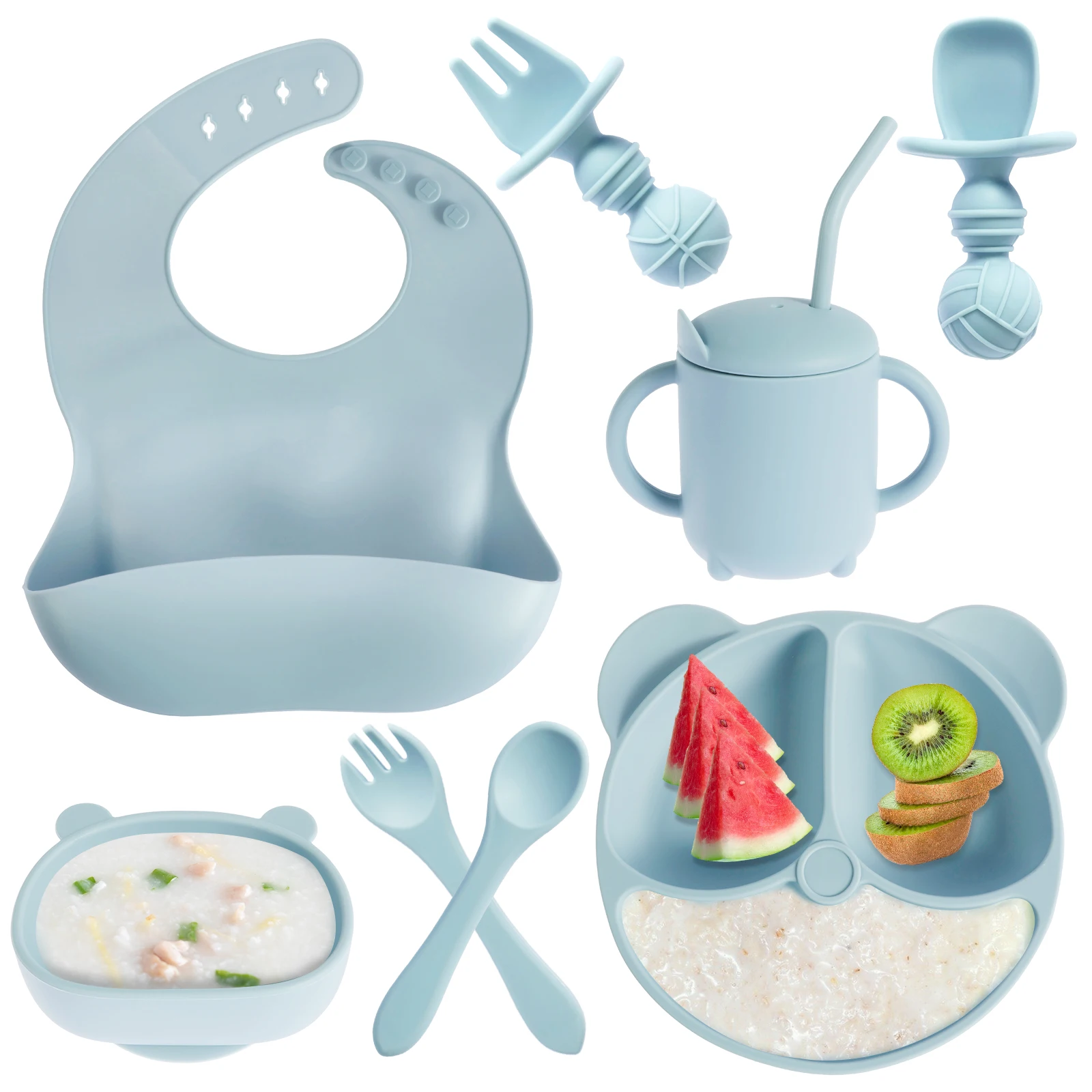 

8Pcs Baby Feeding Set Silicone Baby Tableware Set Reusable Baby Led Weaning Supplies Washable Suction Baby Bowl and Plates 2