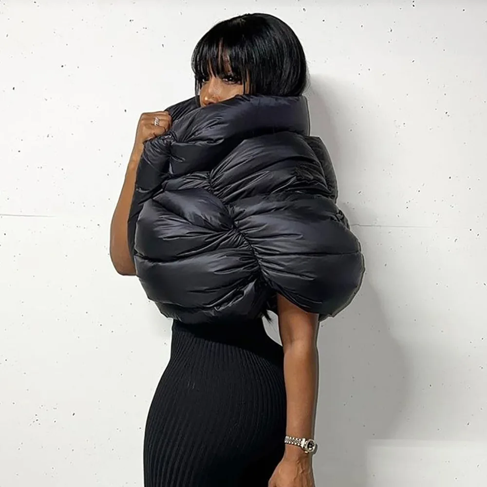 Cotton-padded Puffer Jacket Winter Clothes Women Irregular Sleeveless Terry Mock Neck Zipper Casual Streetwear Bread Outerwear