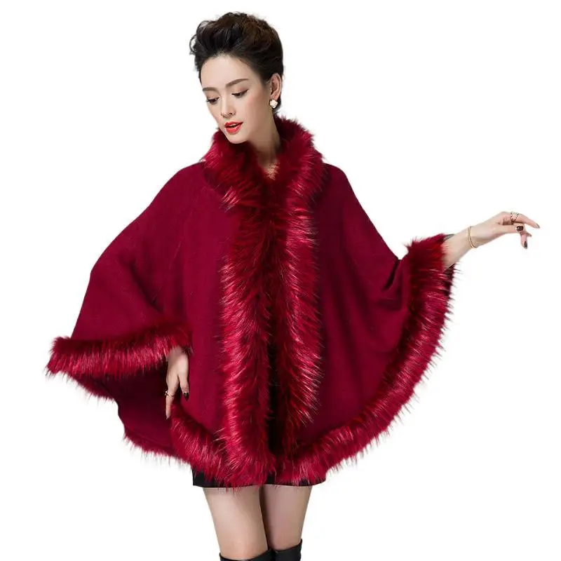 4 Colors Women Winter Fake Fox Fur Collar Wool Cashmere Loose Poncho Capes Knit Cardigan Streetwear Shawl Coat With Hat