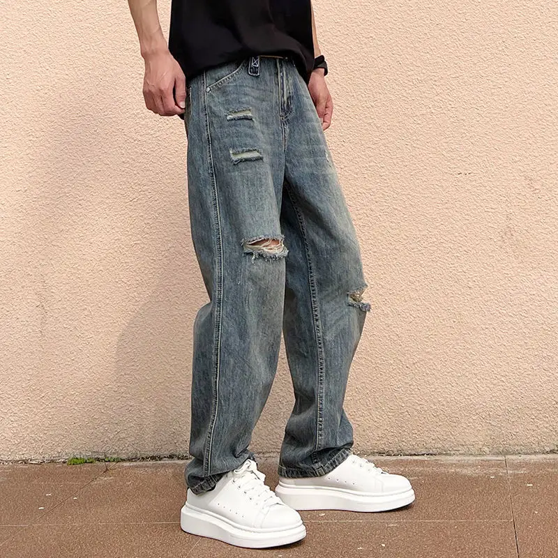 

New Trendy Brand Retro Jeans Straight Loose Summer Ripped Overalls Men's Denim Long Pants Boyfriend Jeans