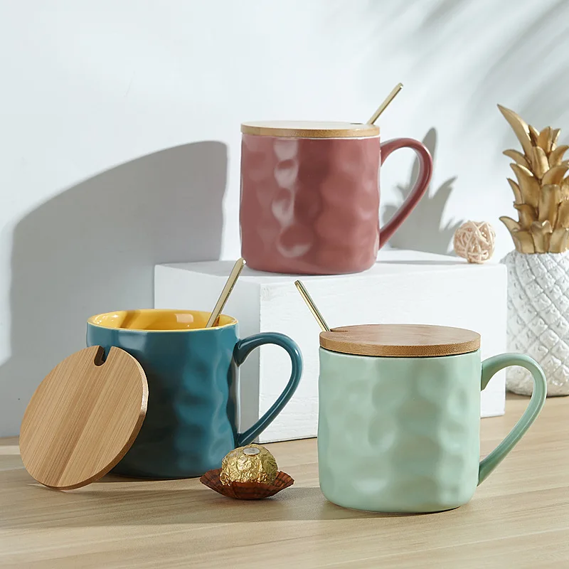 

400ML Contrast Color Ins Wind Nordic Ceramic Mug with Lid and Spoon Household Water Cup Simple Coffee Cup Milk Cup Breakfast Cup