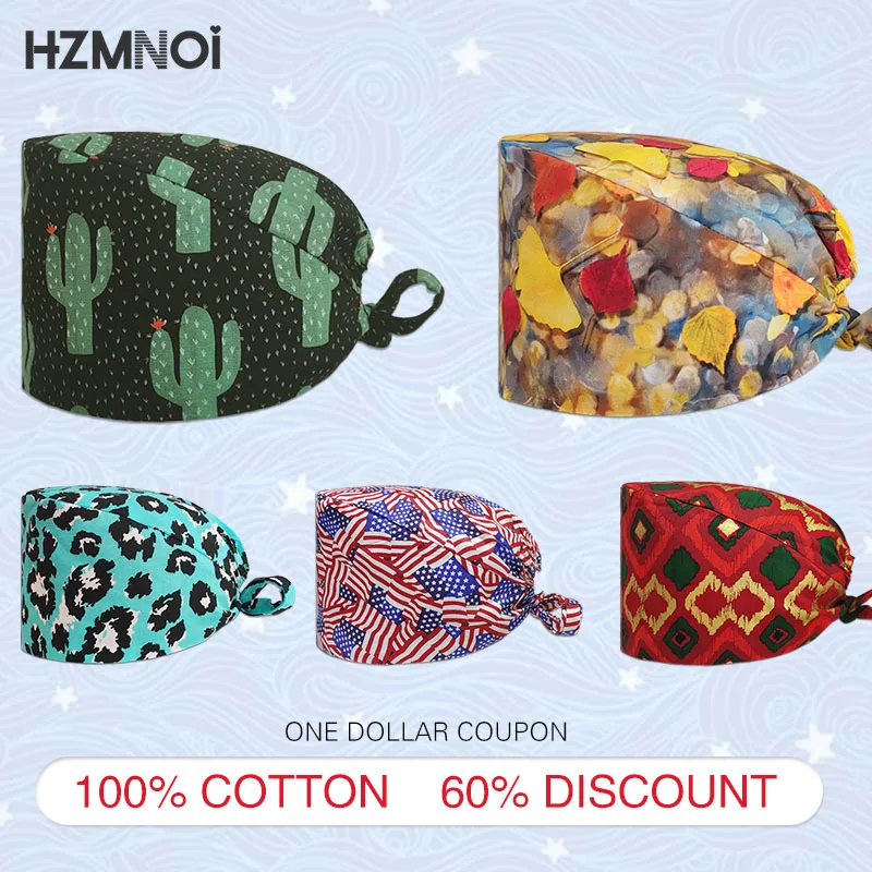 

New Color Printing Doctor Surgical Cap Ladies Nurse Cap Dentist Cap Work Adjustable Veterinary Pet Shop Cotton Scrub Cap