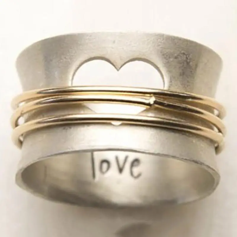 

Vintage Massive Love Heart Rings for Women Two-tone Zinc Alloy Party Gifts Simple Design Female Promise Jewelry Accessories