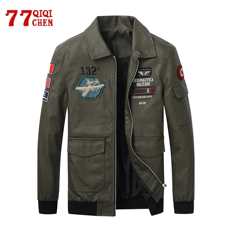 

Autumn Pu Leather Jacket Men Motorcycle Casual PU Jackets Male Slim Fit Pilot Windbreaker Outwear Lapel Embroidered Coats 4XL