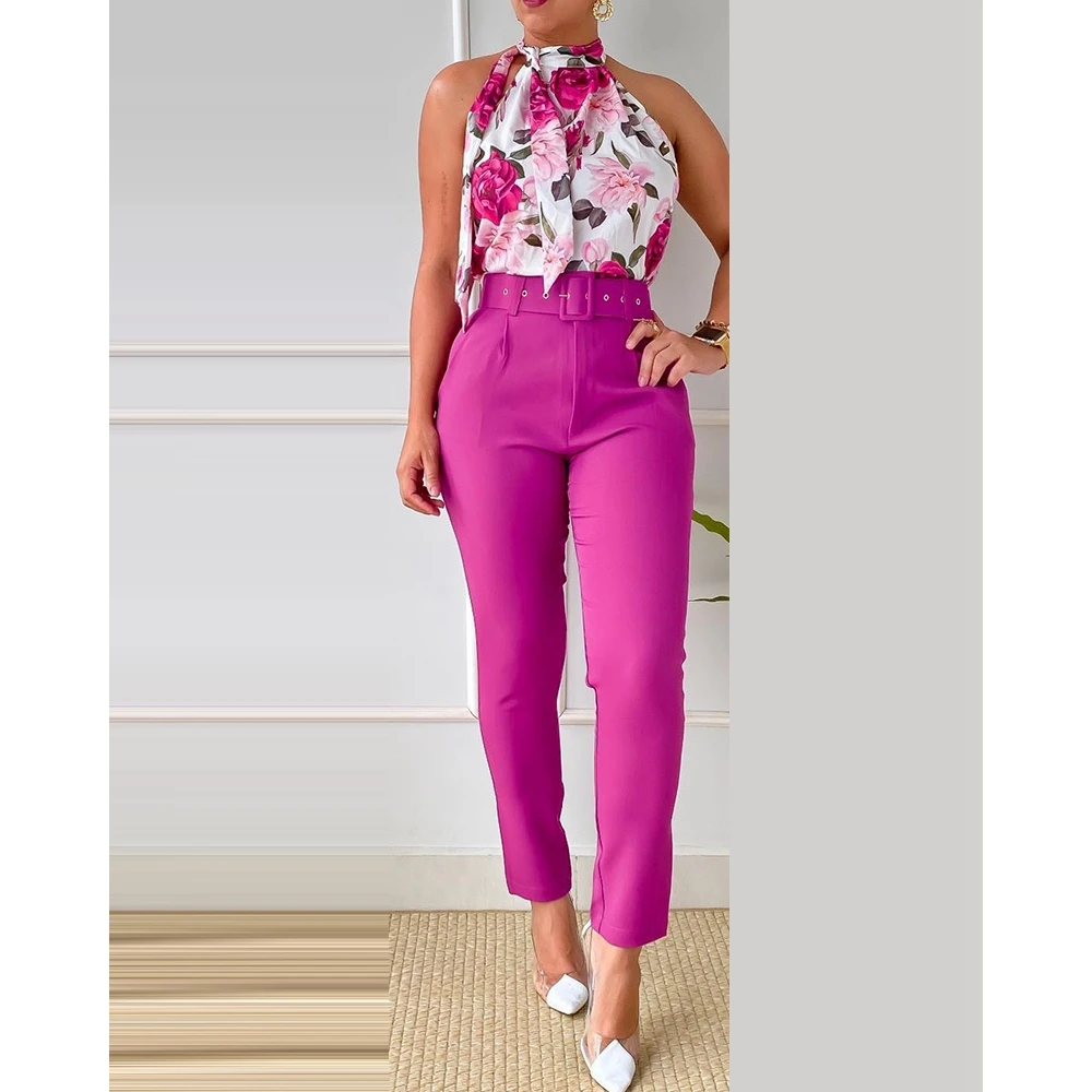 Summer Women Floral Print Halter Tank Top & High Waist Pants Set With Belt Female O-Neck Two Pieces Suit Set Workwear Outfits