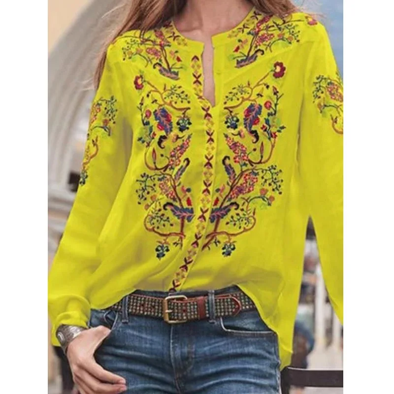 

Fashion Bohemia Ethnic Style Printed Casual Tops Casual Womens Blouse Office Long Sleeve Pullover Shirts Vintage V Neck T Shirt