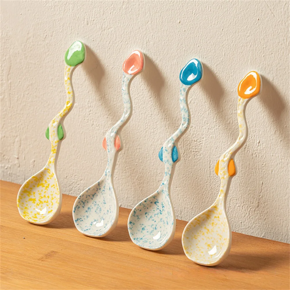 

Kitchen Tool Long Handle Spoon Dinnerware Ice Cream Dessert Cake Spoon Cute Soup Spoon 1pcs Eating Spoon Ceramic Spoon
