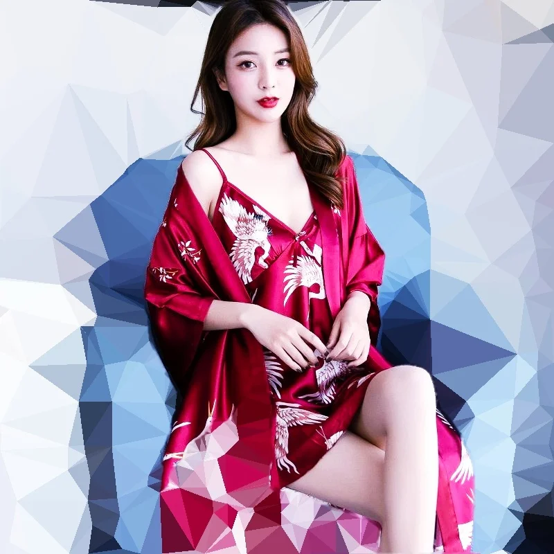 Women's Pajamas Suit Full Sleeve Belt Robe Vest Pants 3Piece/Set Sexy Cartoon Print Pyjama Cute Homewear Cozy Fashion Sleepwear