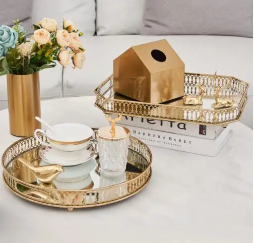 

Gold Trays Decorative Vintage Mirror Glass Storage Tray Rectangle/round Fruit Plate Desktop Small Items Jewelry Display Plate