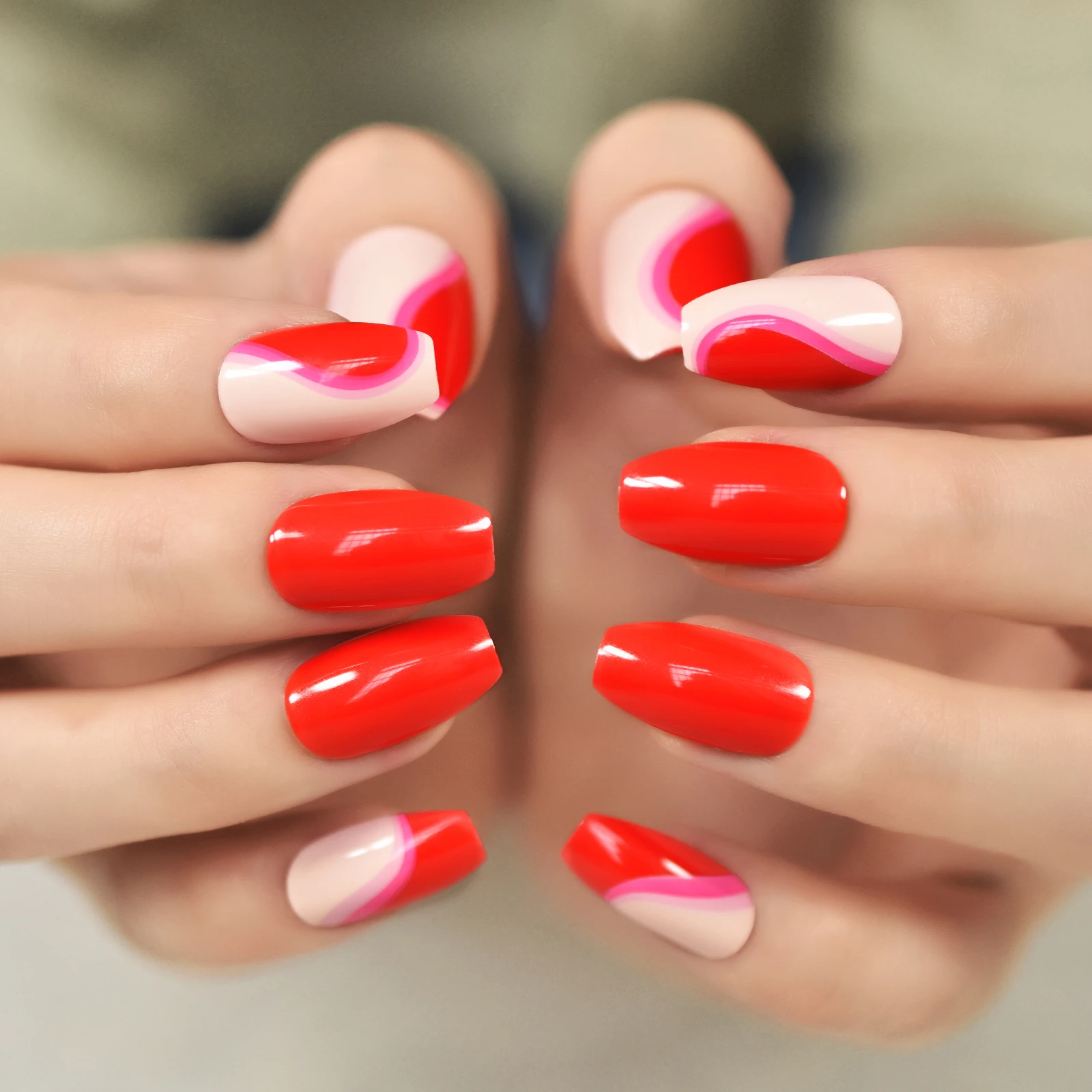 Короткие накладные ногти форма гроба накладные ногти полное покрытие Многоразовые Накладные неоновые красные искусственные ногти с 24 шт. клейких вкладок