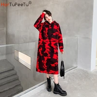 camouflage long hoodie dress women thick warm fleece sweatshirts 2022 autumn winter loose casual hooded coat with pockets