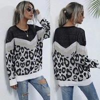 autumn leopard print colorblock long sleeve loose mid length crewneck knit sweater