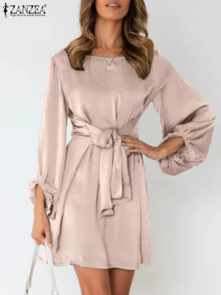 

Платье ZANZEA женское атласное с длинным рукавом, модный элегантный Шелковый Мини Сарафан OL для работы, однотонное короткое вечернее на шнуров...