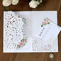 100pcs laser cut rose flowers wedding invitations card with rsvp cards customize envelope birthday mariage baptism party supply