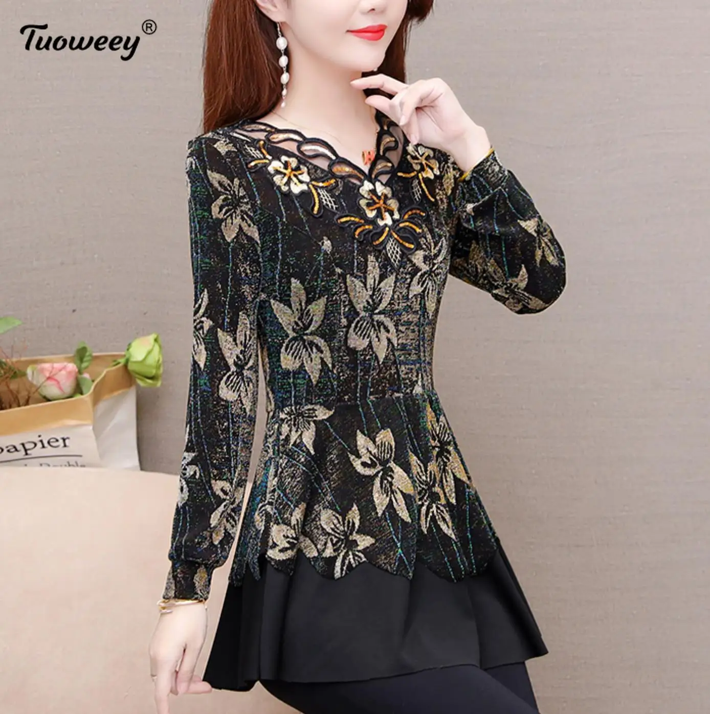 

Женская блузка с цветочным принтом, ажурная блузка с промежностью, 2021