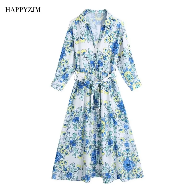 

Новинка 2023, женское платье из поплина с принтом и поясом, модное однобортное платье средней длины с V-образным вырезом, яркое женское платье в уличном стиле