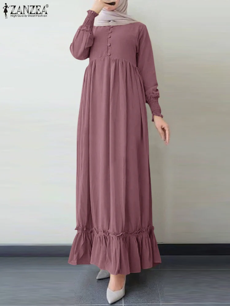 

ZANZEA 2022 Long Muslim Dress Women Sping Fashion Elegant Maxi Dresses Solid Ruffle Casual Islamic Clothes Abaya Robe Vestidos