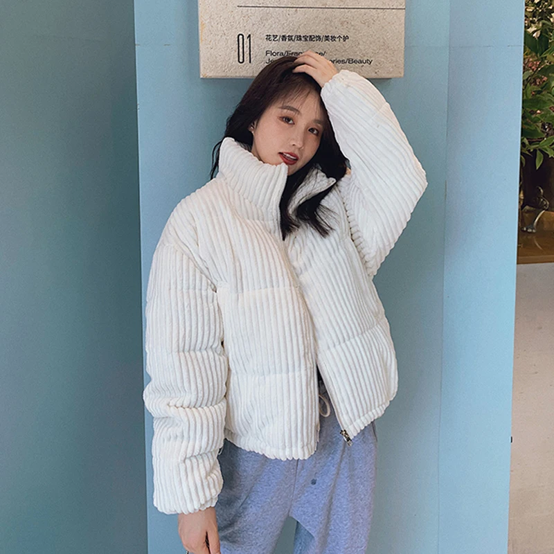 2021 New Winter Corduroy Short Jacket Women Korean Style Thick Zipper Cotton Parkas Woman Stand Collor Bubble Coats Warm Outwear