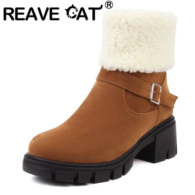 

REAVE CAT Snow Boots For Ladies Round Toe Block Heels 5.5cm Zipper Belt Buckle Big Size 42 43 Concise Plush Fur Winter Warm Shoe