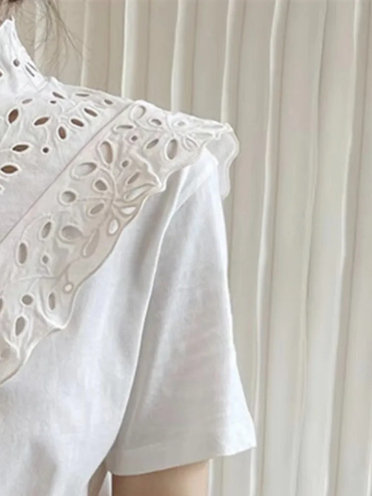 

Women's White or Black Tee Stitching Embroidery Hollow out Stand Collar Top Short Sleeve Female 2023 Summer T-Shirt