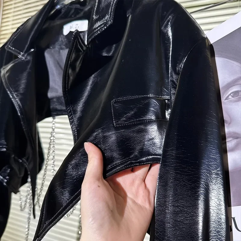 Маленькая укороченная куртка из искусственной кожи для девочек весенне-осенняя