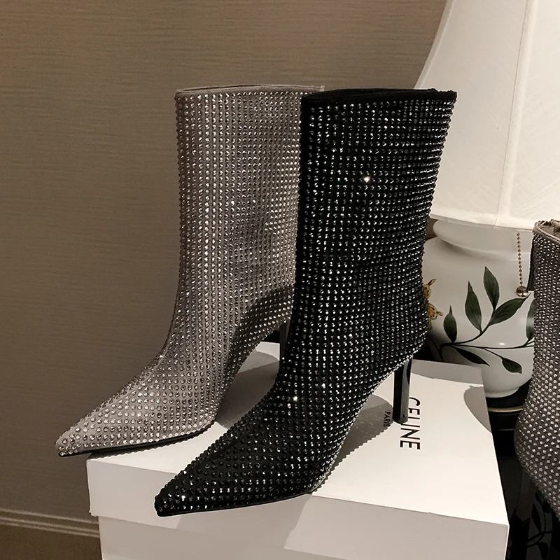 

Sexy Women Rhinestone Mid-calf Boots Stiletto Bling Party Wedding Shoes Designer Pointed High Heels Ladies Short Boots Zapatos