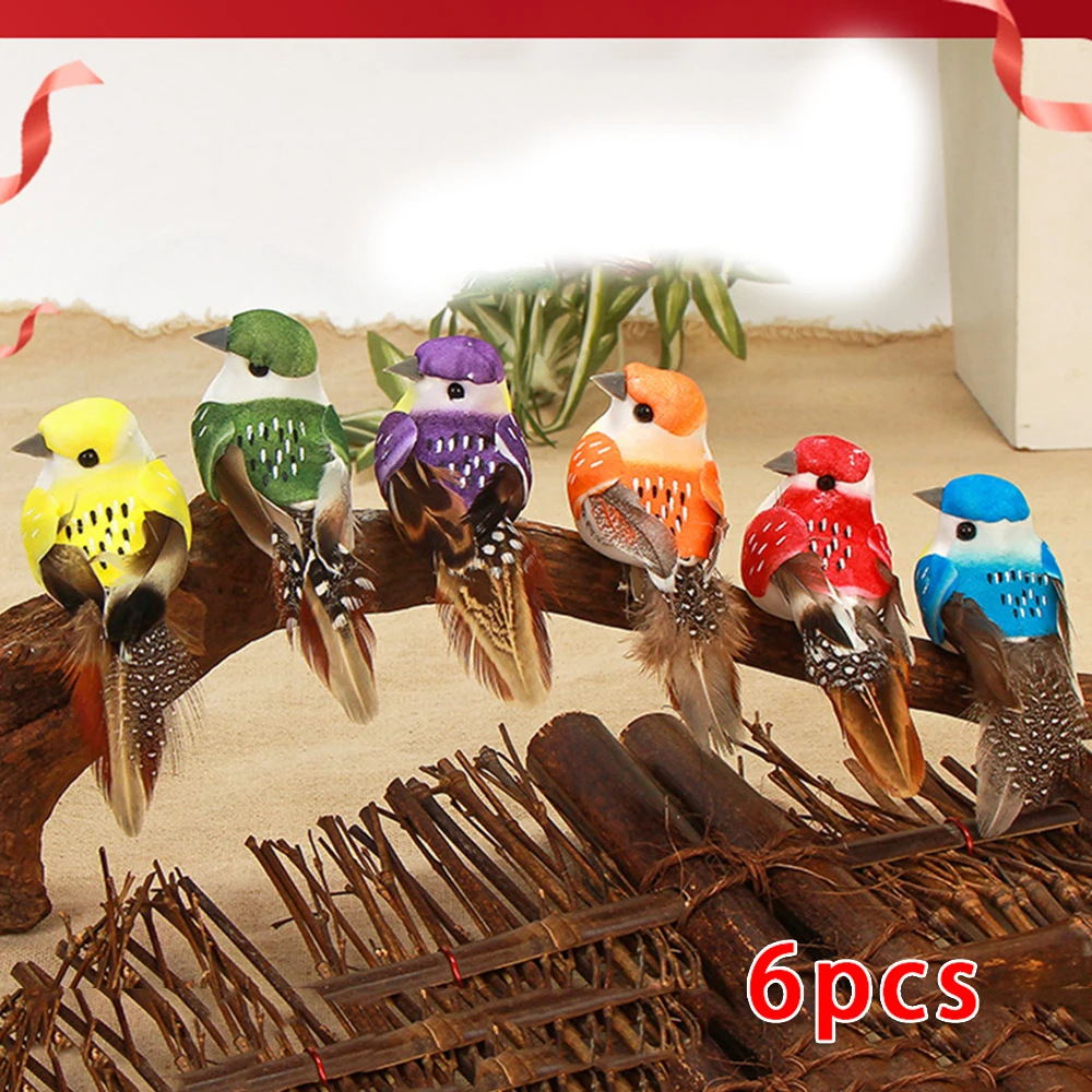 

6pcs/Set Fake Feather Birds Colorful Garden Tree Decor Foam Perched Woodland Birds Outdoor Art Decor Adornment Small Figurines