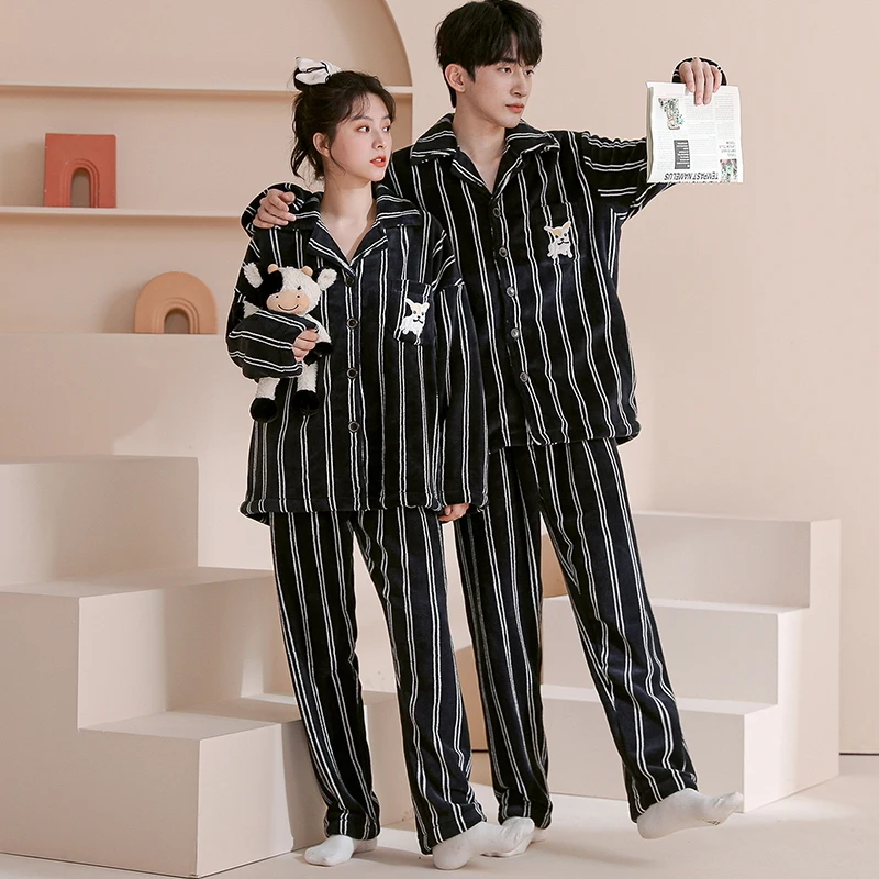 

Winter Flannel Pajamas Set For Couple Large Size Men White Striped Cardigan Sleepwear Warm Coral Fleece Women Cute Puppy Pyjamas