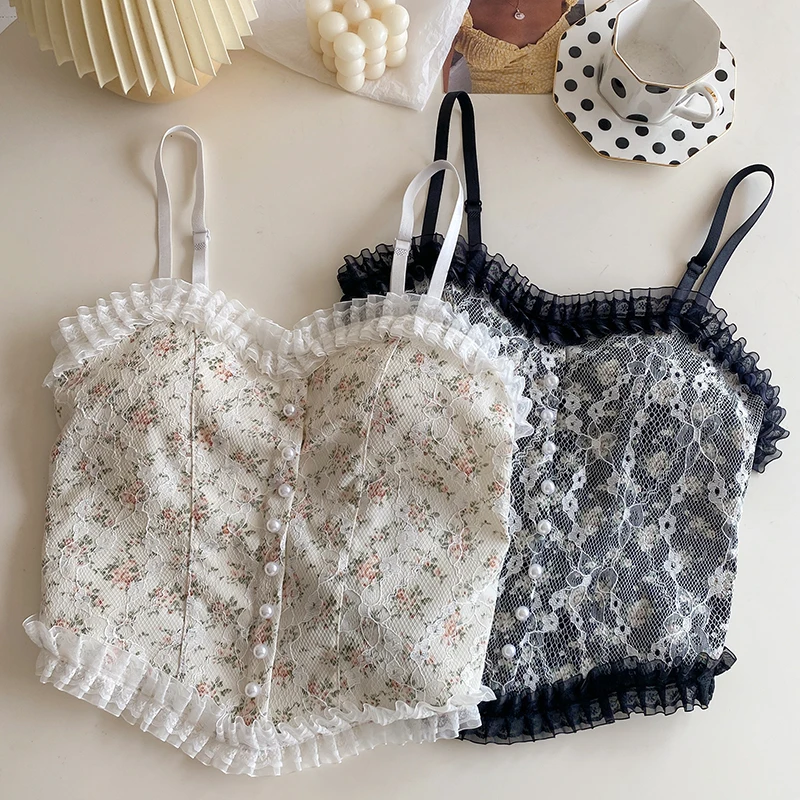 

Summer Floral Lace Camis Women Korean Ins Girls Crop Top Elegant Slim Short Fashion Streetwear