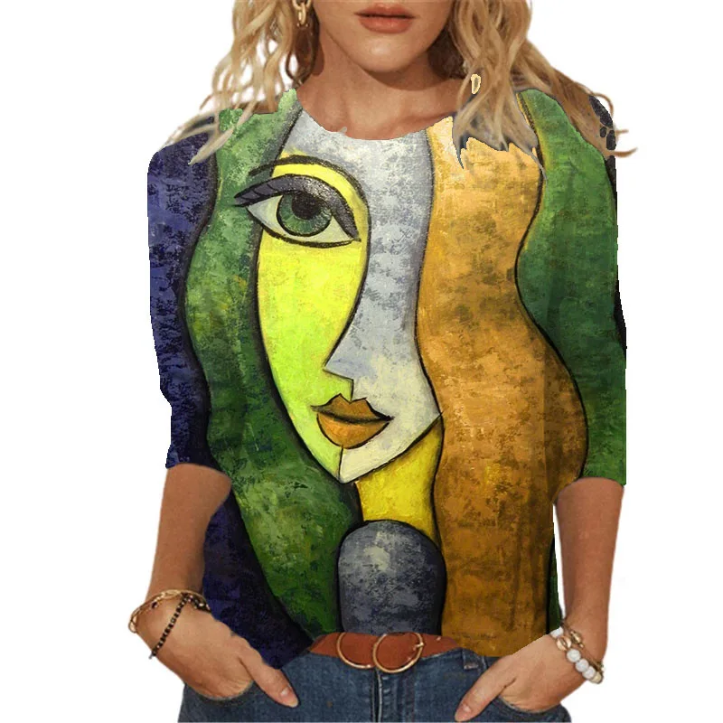 

Женские осенние новые стильные топы с круглым вырезом и градиентным принтом, Свободный пуловер, футболка, повседневная женская футболка с д...