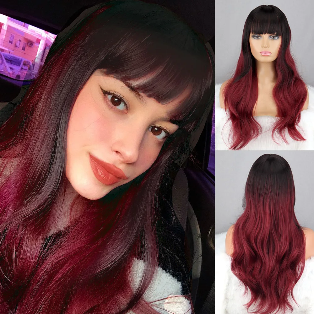 

Long Wave No Bangs Black Gradient Wine Red Ladies Natural Fiber Wig Brown Gold Blue Affordable Everyday Wear