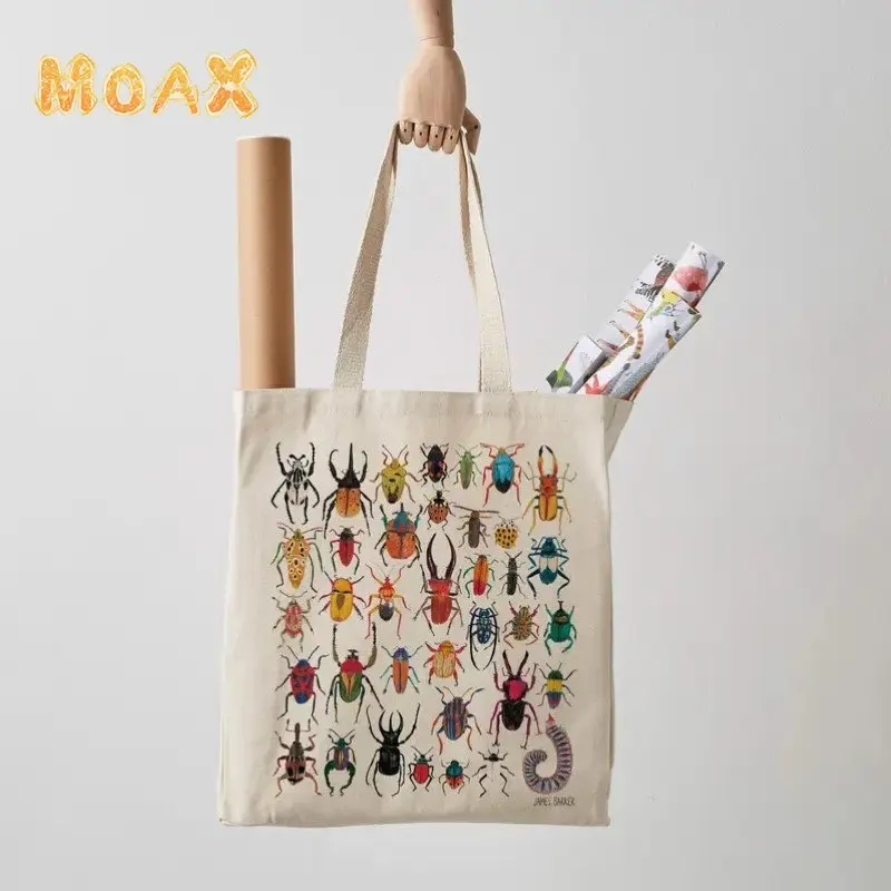

Insects Print Shoulder Bag for Women Canvas Shopper Shopping Bags Girl Casual Handbag Unisex No Zipper Reusable Custom Tote Bag