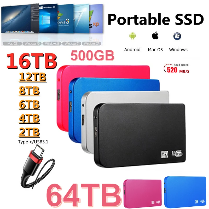 Portable 1TB SSD 2TB Original External Hard Drive for Laptop Mobile Phone High Speed Storage Device USB 3.0 Mobile Hard Drive