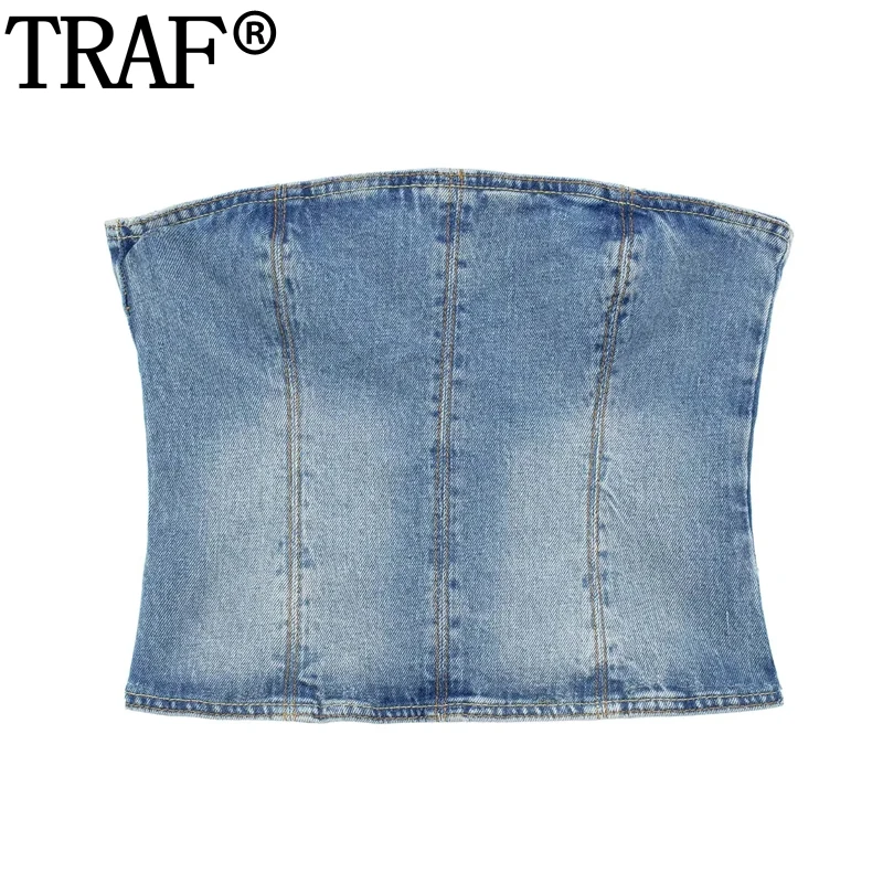 TRAF 2023 Denim Crop Top Women Off Shoulder Blue Corset Top Female Backless Sexy Tube Top Woman Party Night Summer Bustier