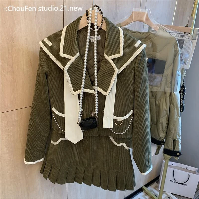 Two Piece Outfits Preppy Navy Collar Jacket Vintage Mini Pleated Skirts Sets 2022 Fall Patch Contrast Sailor Coat Casual