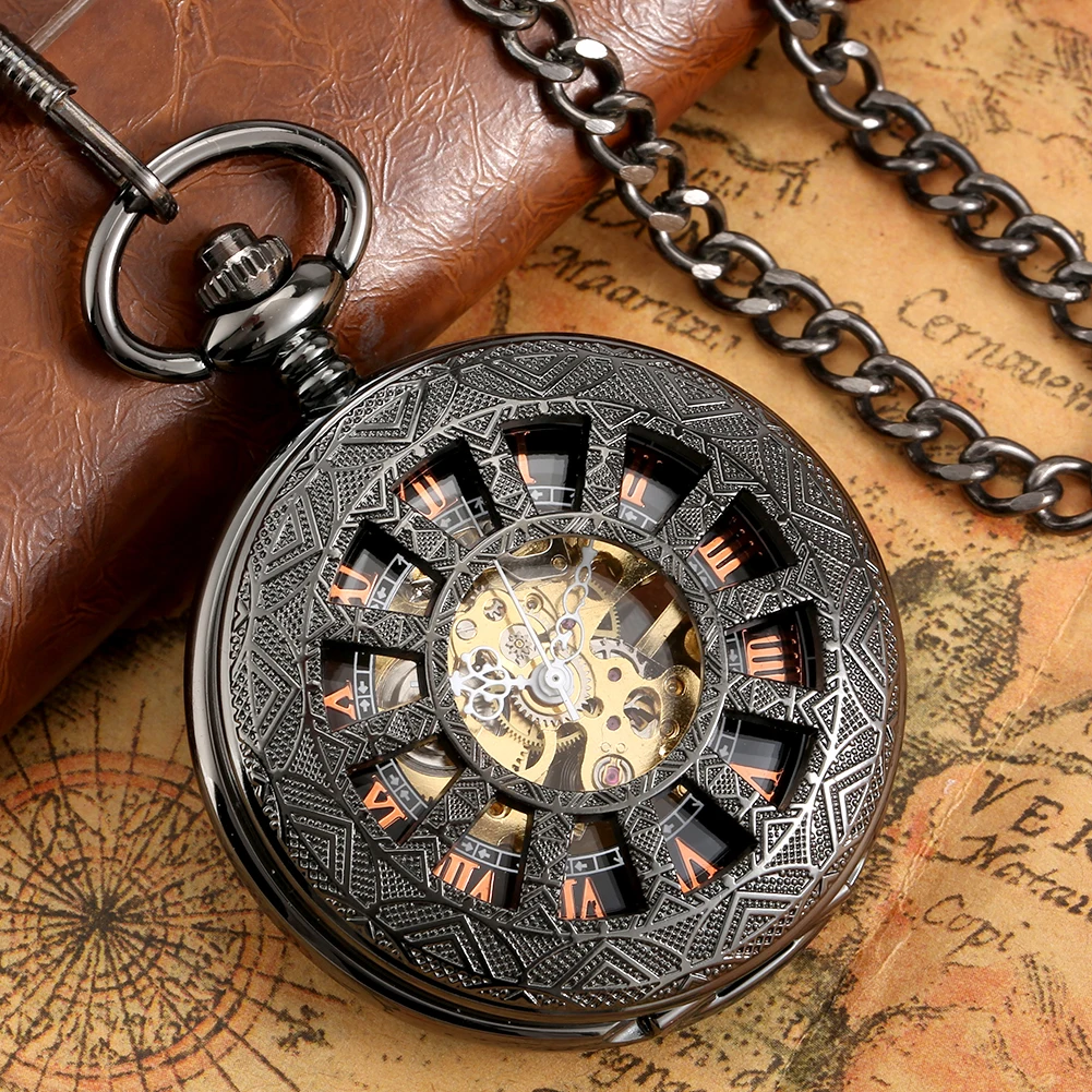 Black Hollow Hub Pattern Mechanical Pocket Watch Rose Gold Roman Numerals Display Luxury Vintage Fob Chain Pendant Antique Clock