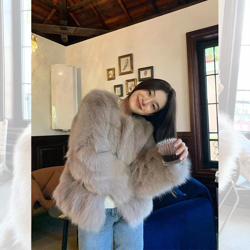 Овсяно-серый универсальный изящный верхняя одежда из искусственного лисьего